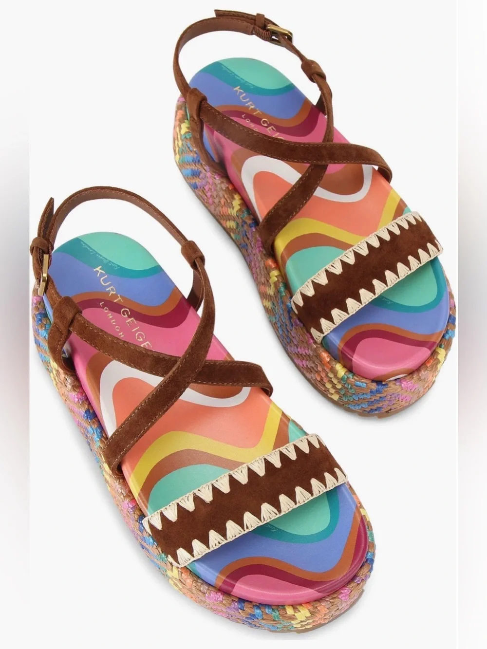 Kurt Geiger Brown Suede Multicolor Platform Sandals Raffia